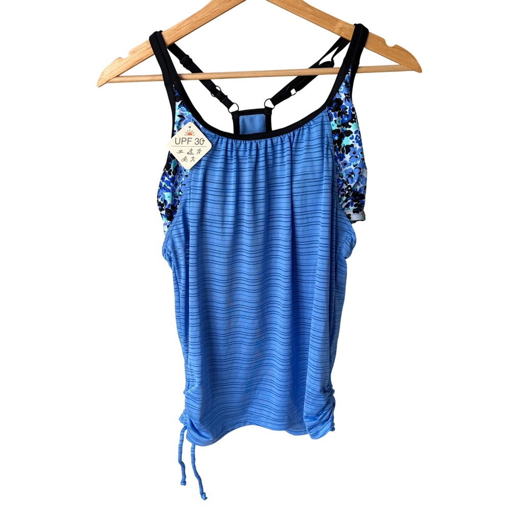 NWT ZeroXposur Womens Blue Striped Floral 2-in-1 Tankini Top UPF 30 size XS